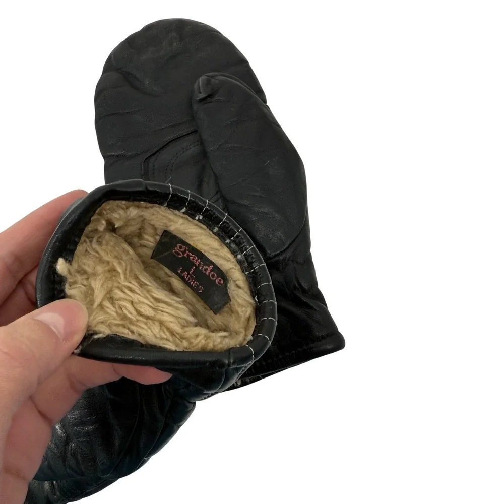 Vintage Grandoe Leather Mittens Lined‎ Black Gloves Winter Ladies Large